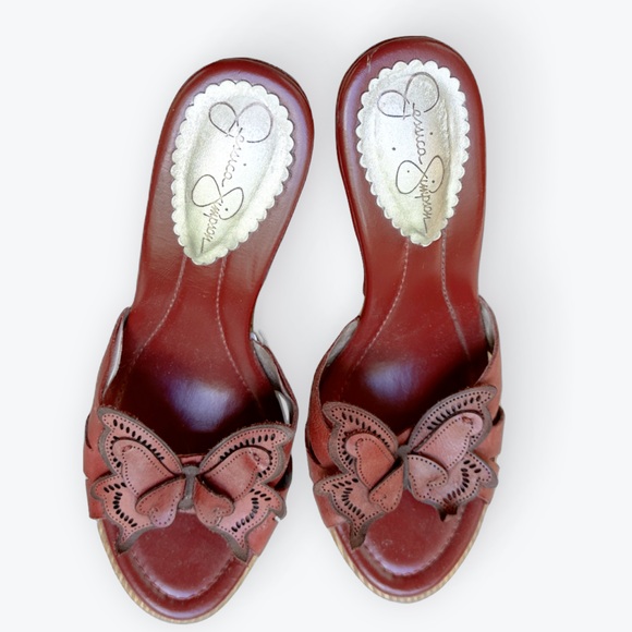 Jessica Simpson Red Leather Butterfly Sandal Wooden Platform Heels ~ 8B/38 - Picture 1 of 17